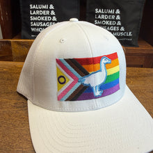 Load image into Gallery viewer, White Trucker Hat with Pride Flag Goose